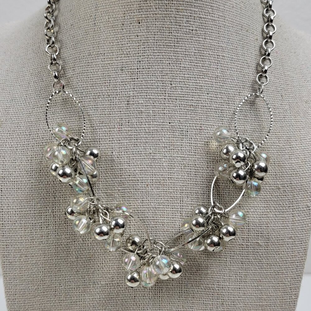 Silver-Tone Metal & Clear Glass Cluster Charm Bib Necklace 20.5 In Lobster Clasp